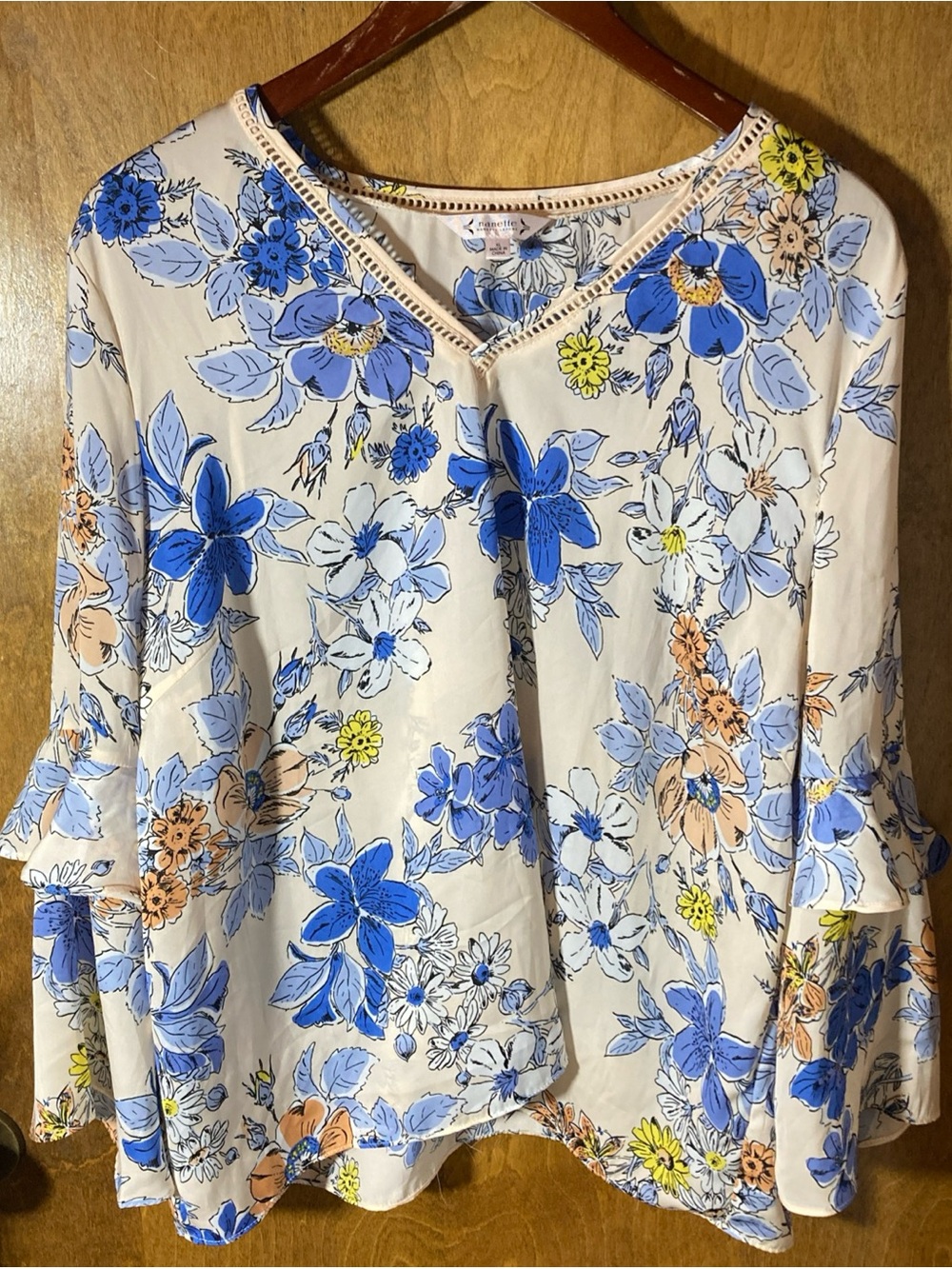 Nanette Lepore XL Floral Sheer V Neck Ruffle Boho Blouse Blue/pink Flowy Angel